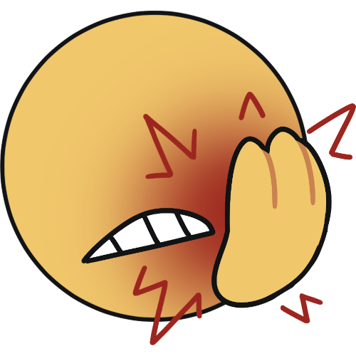 A yellow circle face with a palm pressing against red part of it, with red spikes from it. they have a grimacing mouth